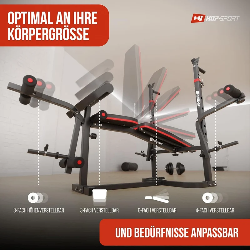 Hop-Sport Hantelbank: Multifunktional mit Latzug, verstellbarer Schrägbank & Hantelset