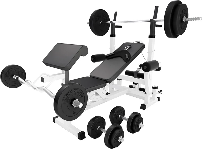 Gorilla Sports Hantelbank mit Gewichten, 170 cm Stange und Hantelset