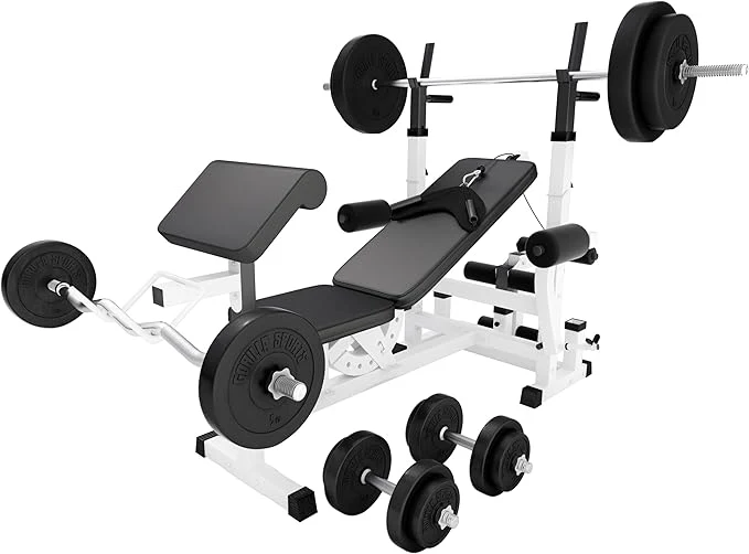 Gorilla Sports Hantelbank mit Gewichten, 170 cm Stange und Hantelset