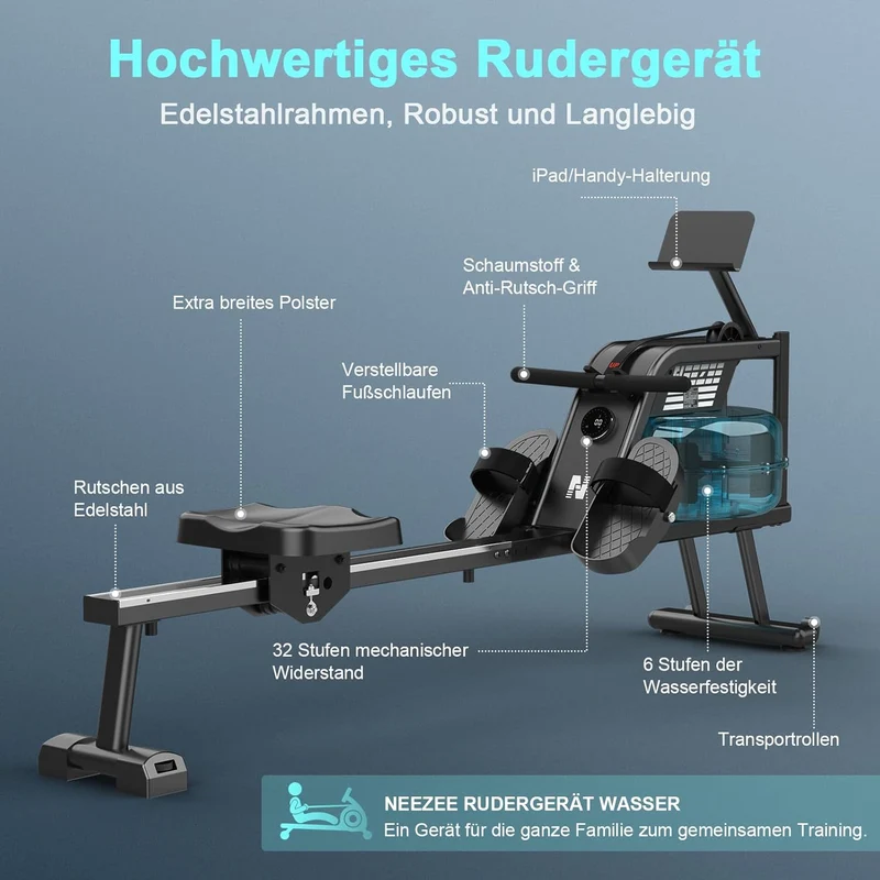 NEEZEE Wasserrudergerät: Bluetooth-Monitor, Tablet-Halterung, 150 kg Kapazität