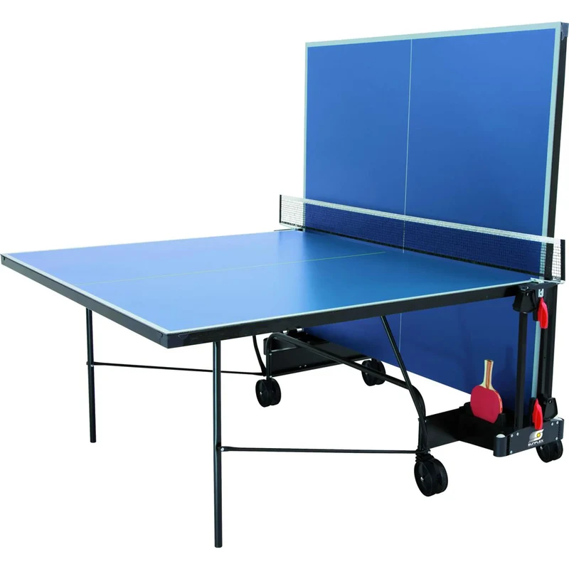 Tischtennis-Tischplatte, zusammenklappbar, mit Bremsmechanismus und umklappbarer Feststellhebel der Räder