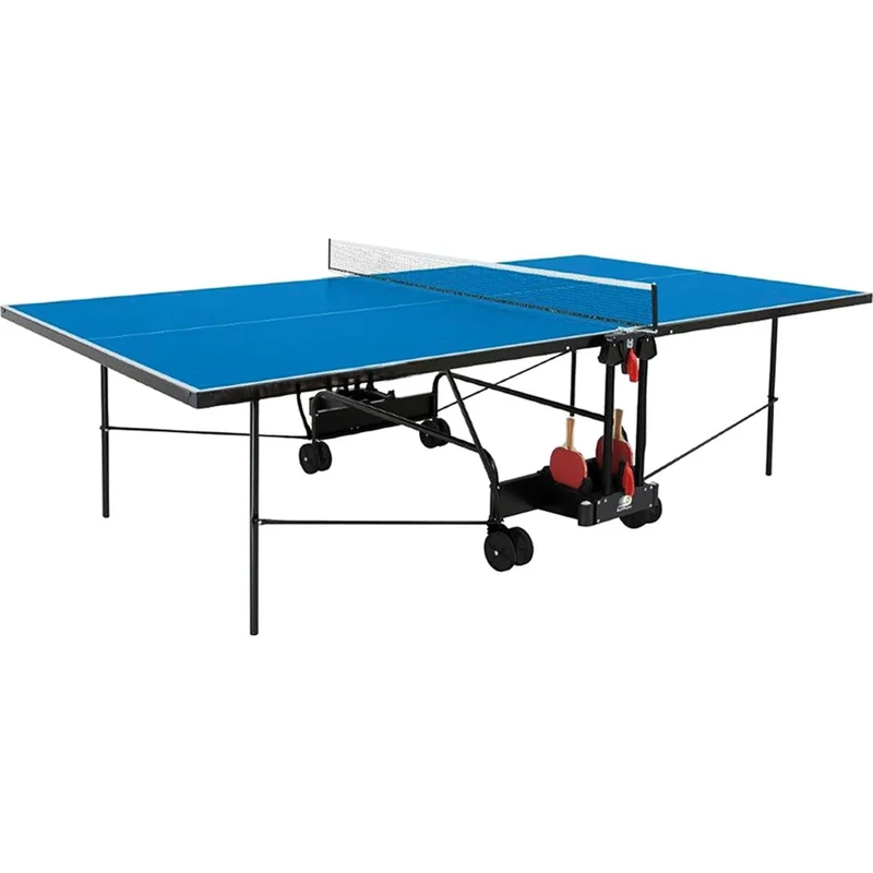 Tischtennis-Tischplatte, zusammenklappbar, mit Bremsmechanismus und umklappbarer Feststellhebel der Räder