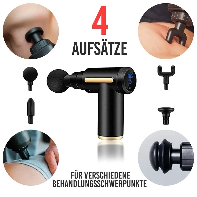 Mini Massagepistole, Besser & Stärker, LCD Anzeige , Gegen Muskelkater, Muskelverspannungen und Cellulite, mit 4 Aufsätzen