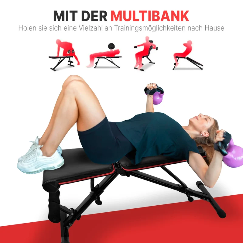Hantelbank klappbar, multifunktional einsetzbar, mit Fußstützen für extra Halt, Belastbarkeit bis 150 kg