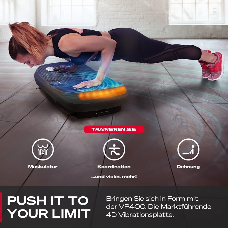 Sportstech VP400: 4D Vibrationsplatte mit Smart‑LED und Trainingsbändern