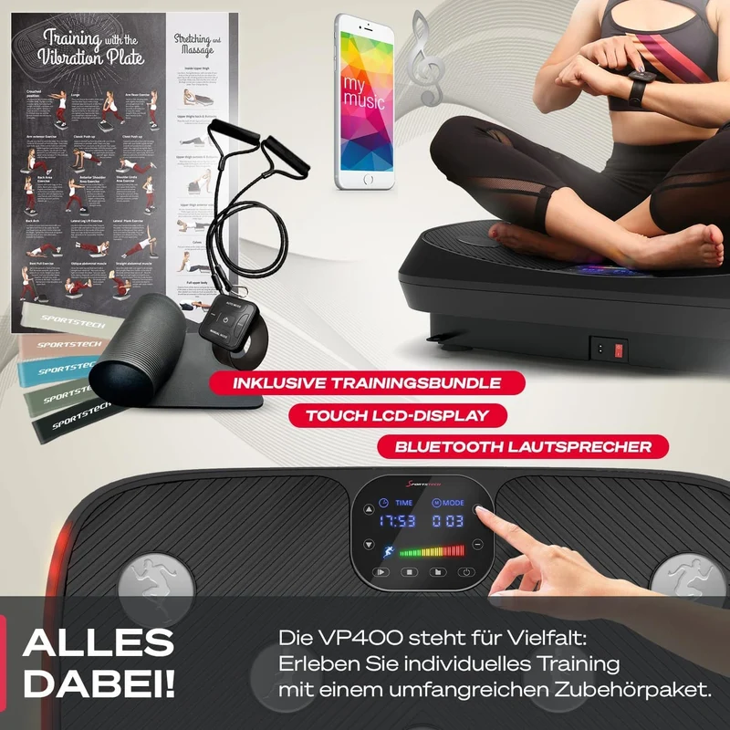 Sportstech VP400: 4D Vibrationsplatte mit Smart‑LED und Trainingsbändern